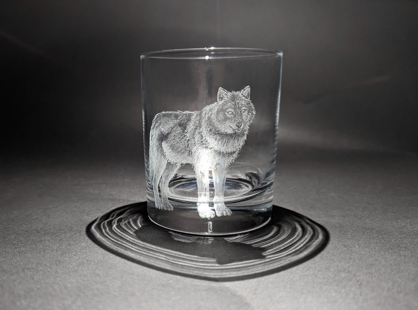 Hand Engraved Wolf Whisky Glass – Custom Wolf Glass Art Gift
