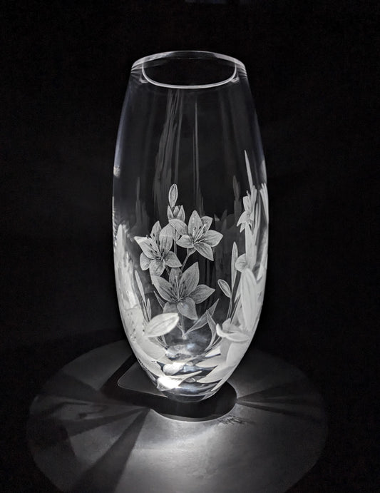 Floral Hand Engraved Crystal Vase - Beautiful Unique Lily Gift