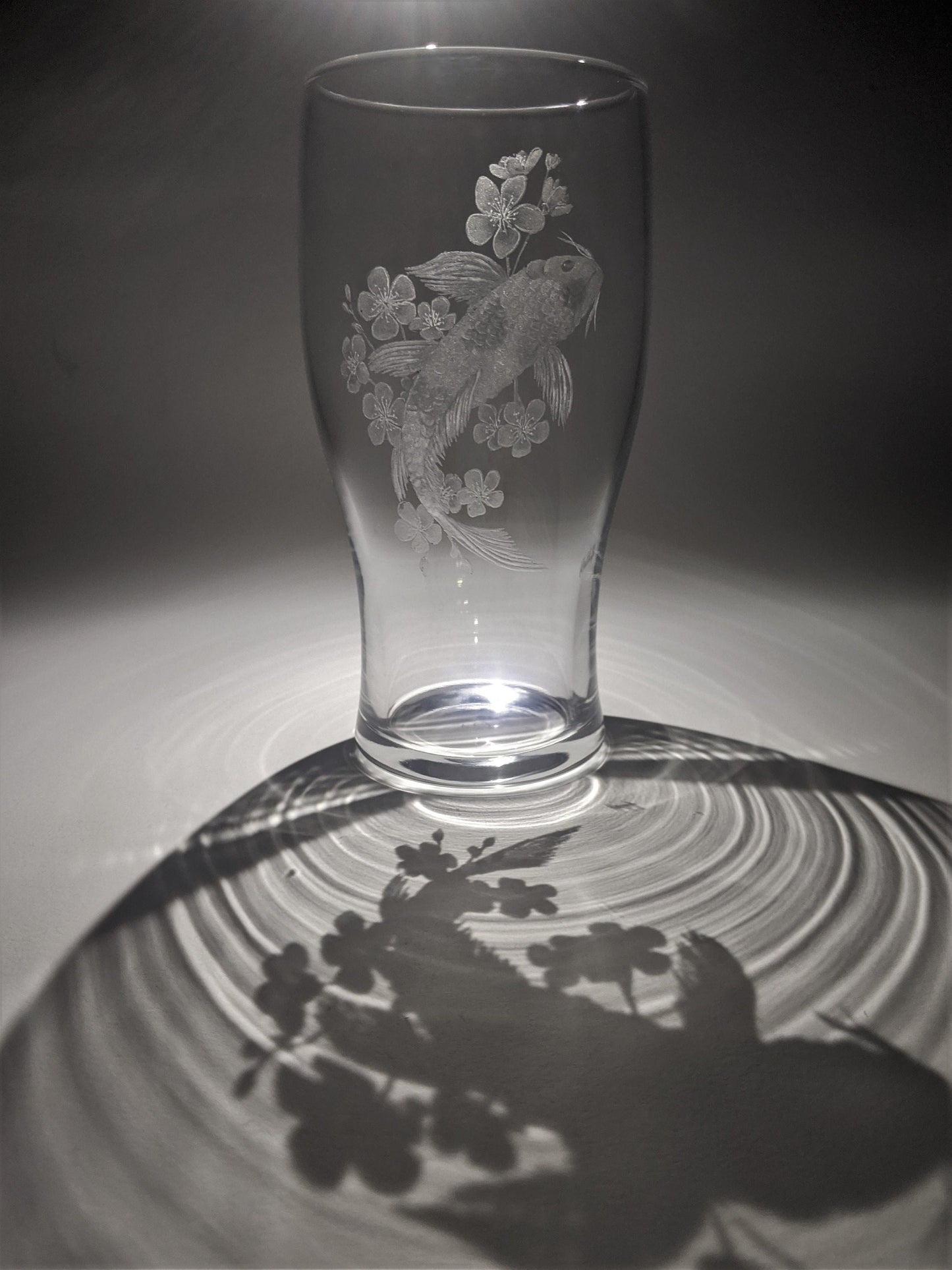 Hand Engraved Koi Fish Pint Glass – Cherry Blossom and Koi Fish Gift