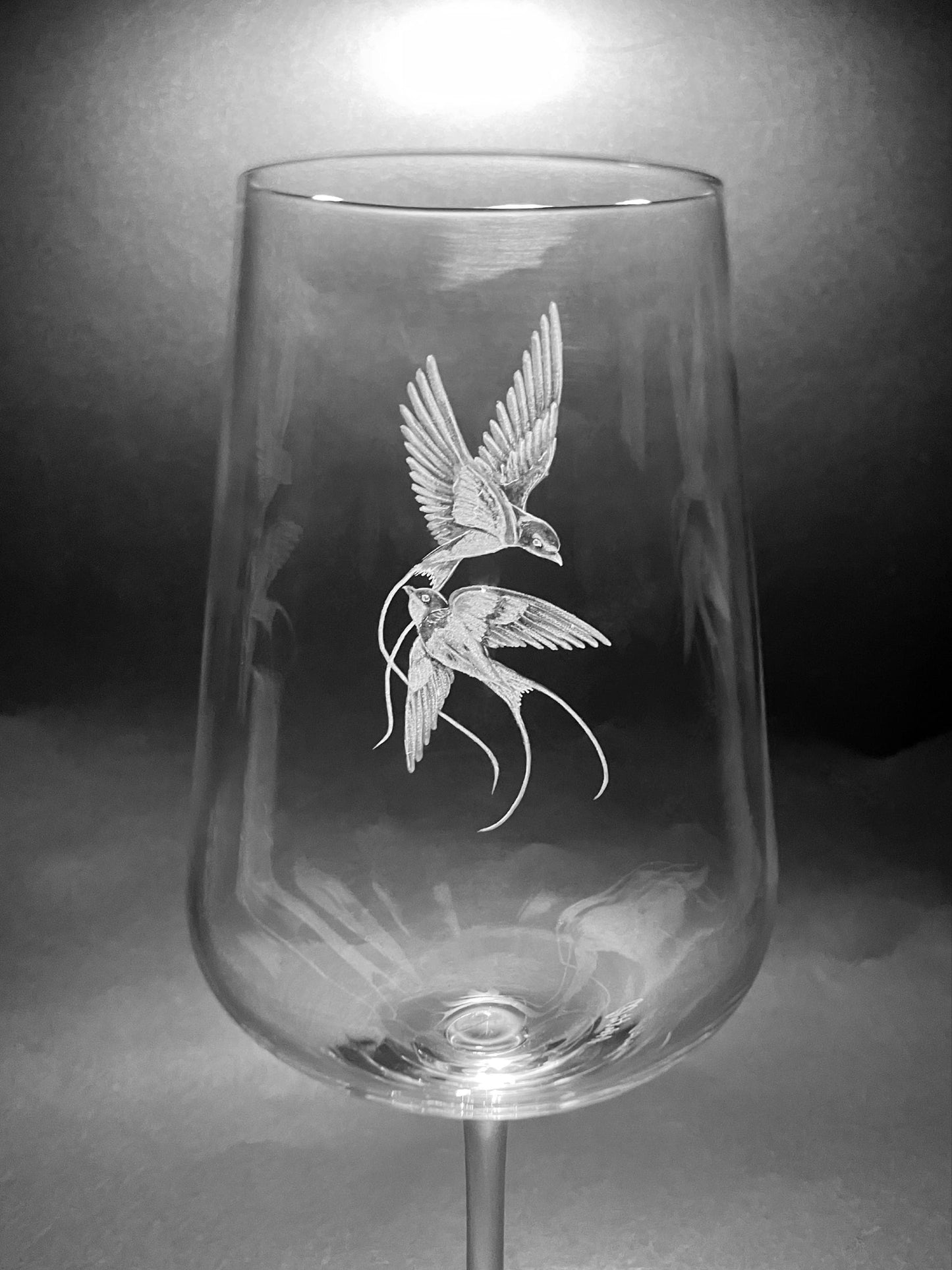 Hand Engraved Wine Glass - Flying Swallows Glass Gift