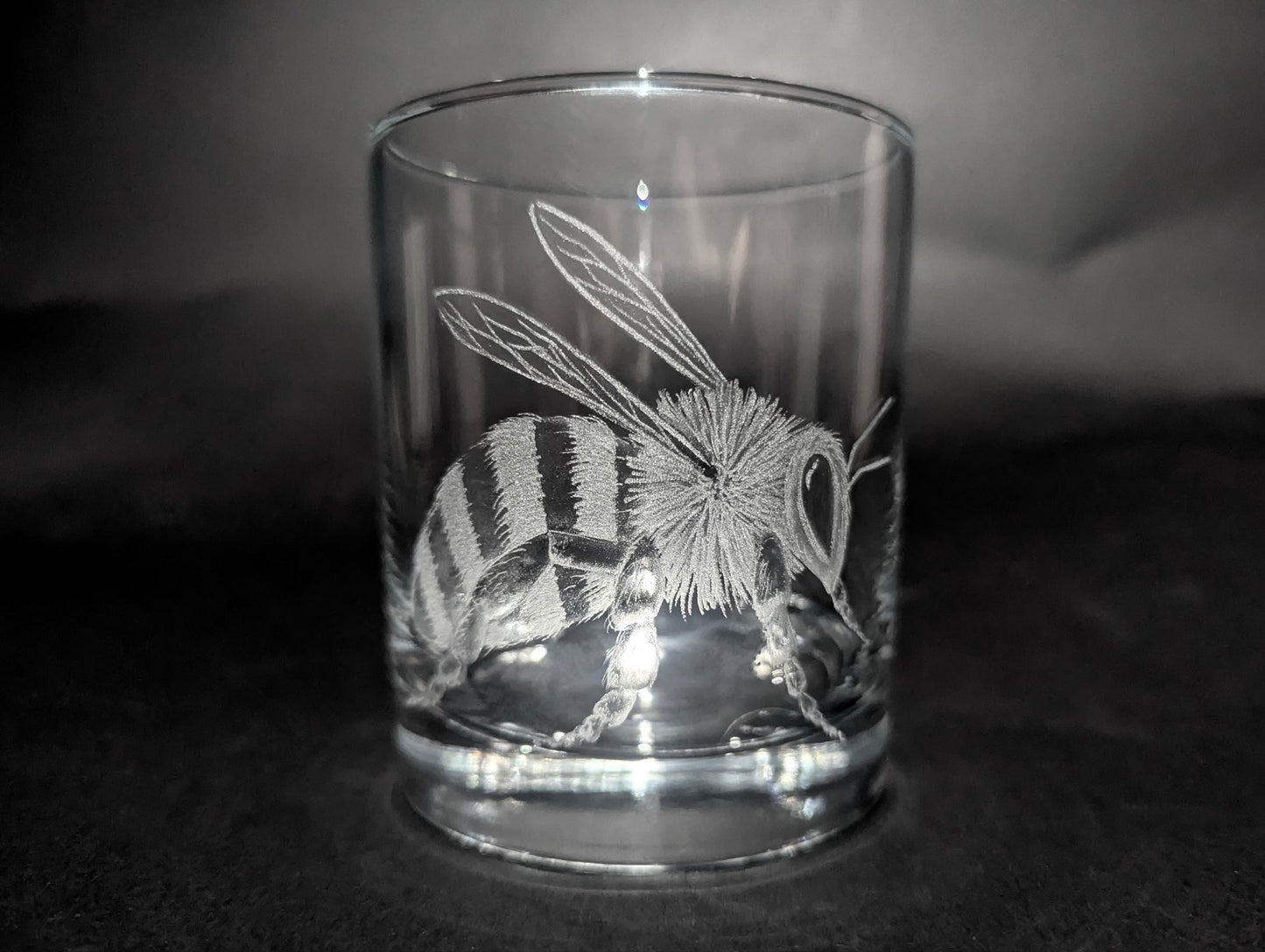 Hand Engraved Bee Whisky Glass - Honey Bee Glass Gift