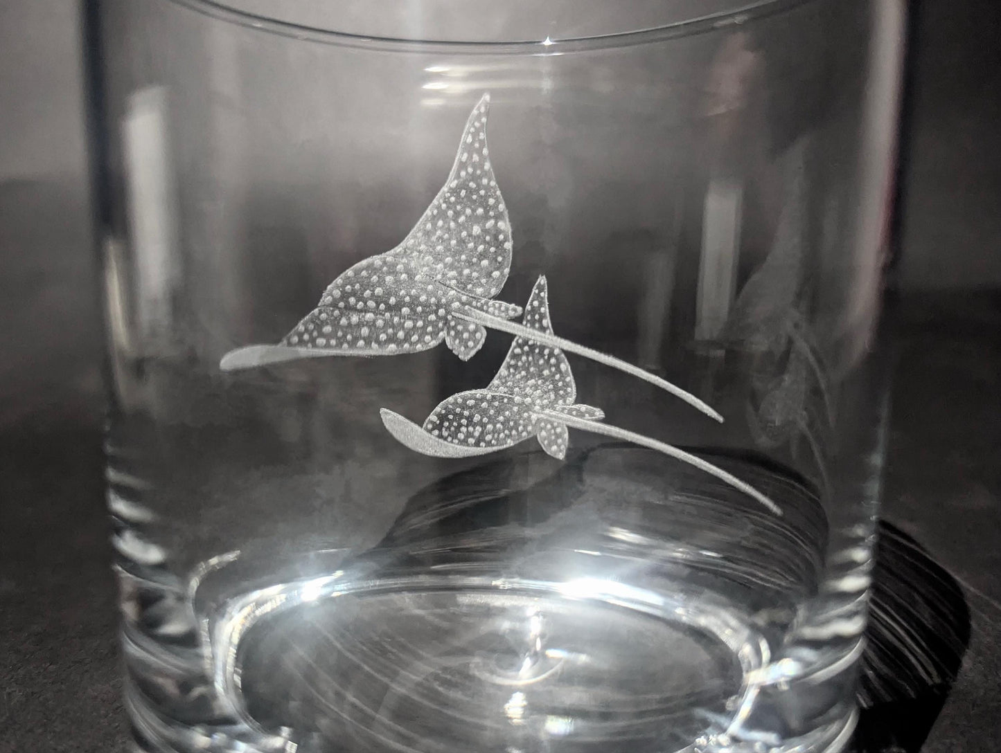 Hand Engraved Spotted Eagle Ray Whisky Glass – Unique Ocean Gift
