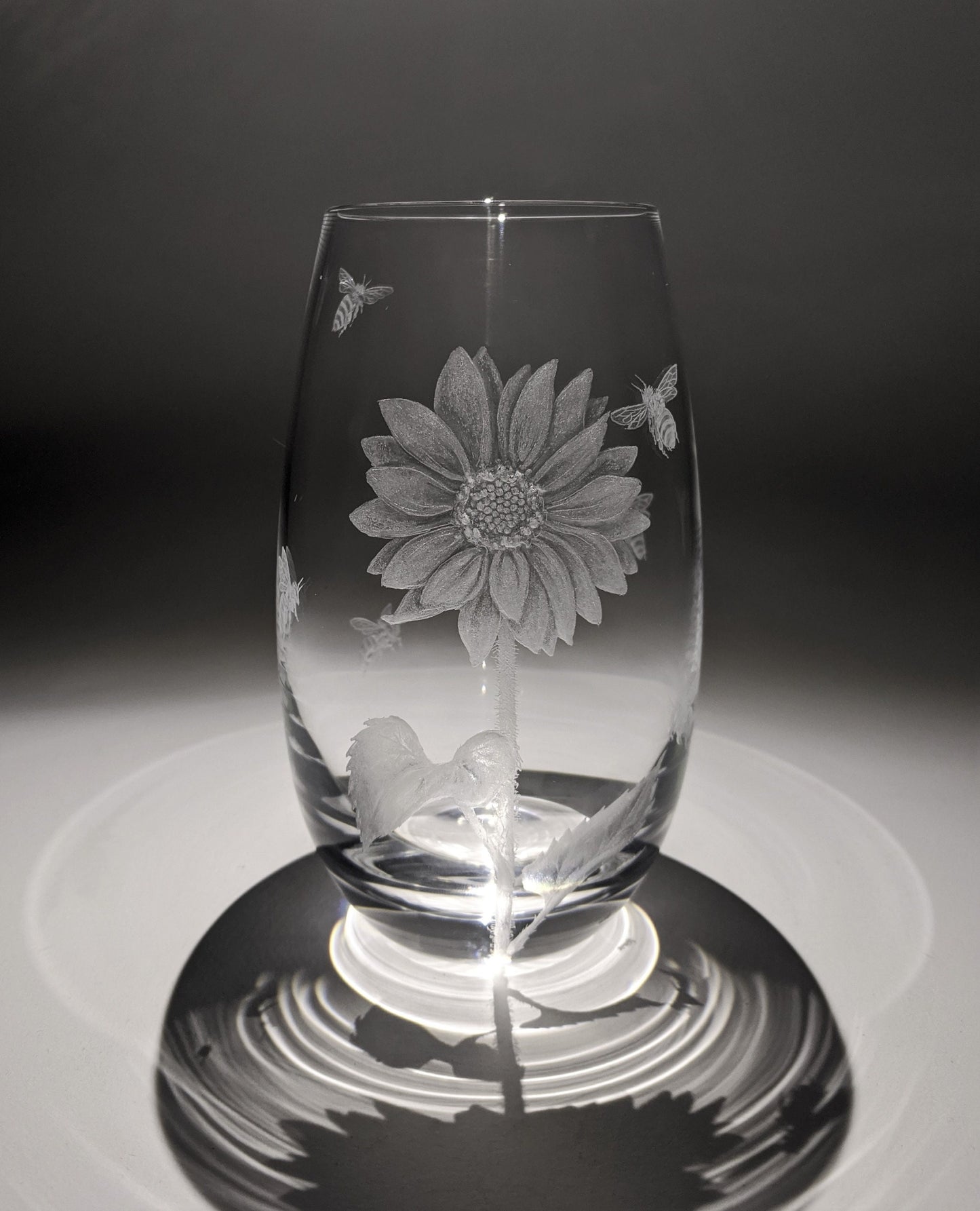 Small Hand Engraved Sunflower Vase - Flower and Bees Gift