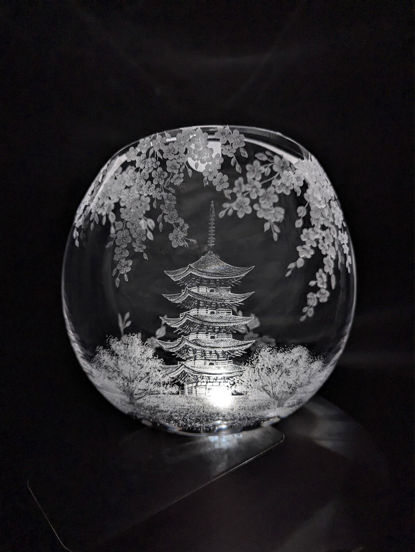 Japanese Temple Vase - Japanese Cherry Blossom Gift - Hand Engraved Crystal Vase