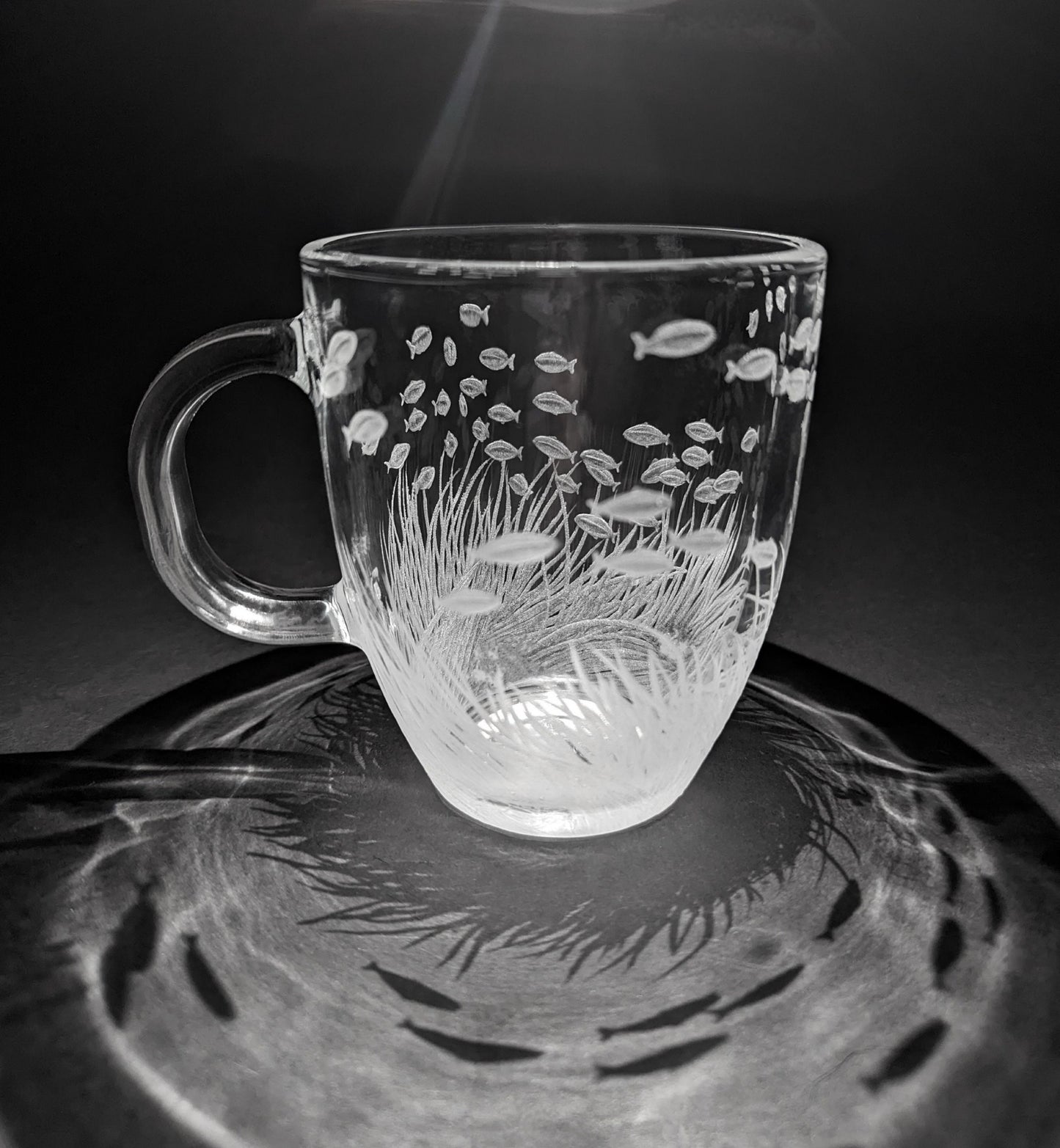 Hand Engraved Sea Grass & Fish Glass Mug – Ocean & Coastal Gift