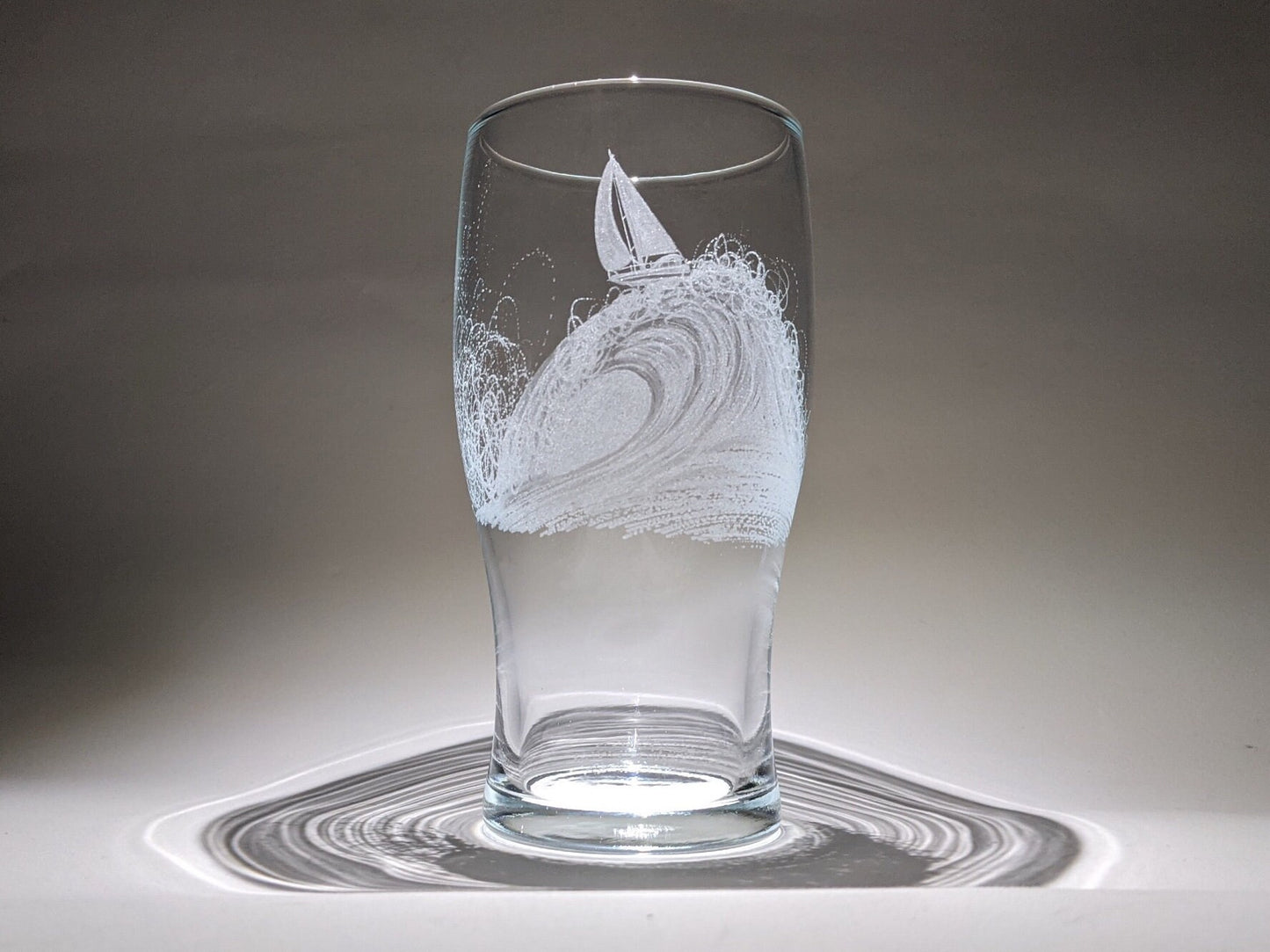 Hand Engraved Sailing Yacht Pint Glass – Ocean Wave and Boat Gift