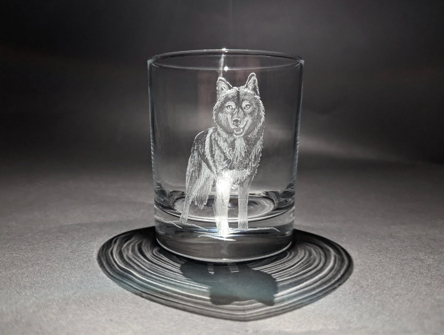 Hand Engraved Wolf Whisky Glass – Custom Wolf Glass Art Gift