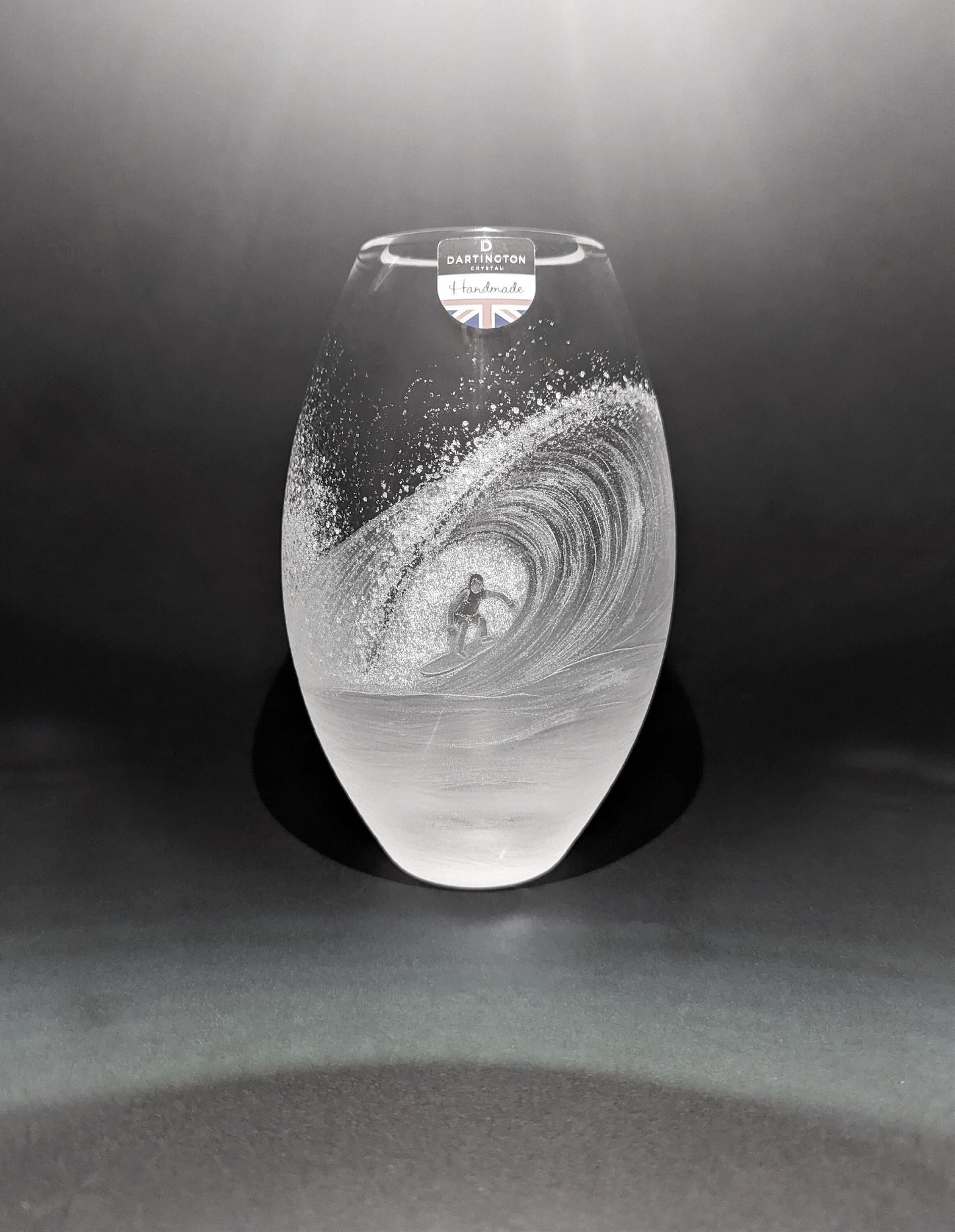 Hand Engraved Wave Vase - Unique Crystal Surfing Gift - Ocean Wave Surfer