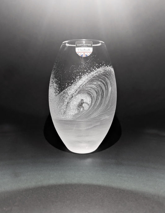 Hand Engraved Wave Vase - Unique Crystal Surfing Gift - Ocean Wave Surfer
