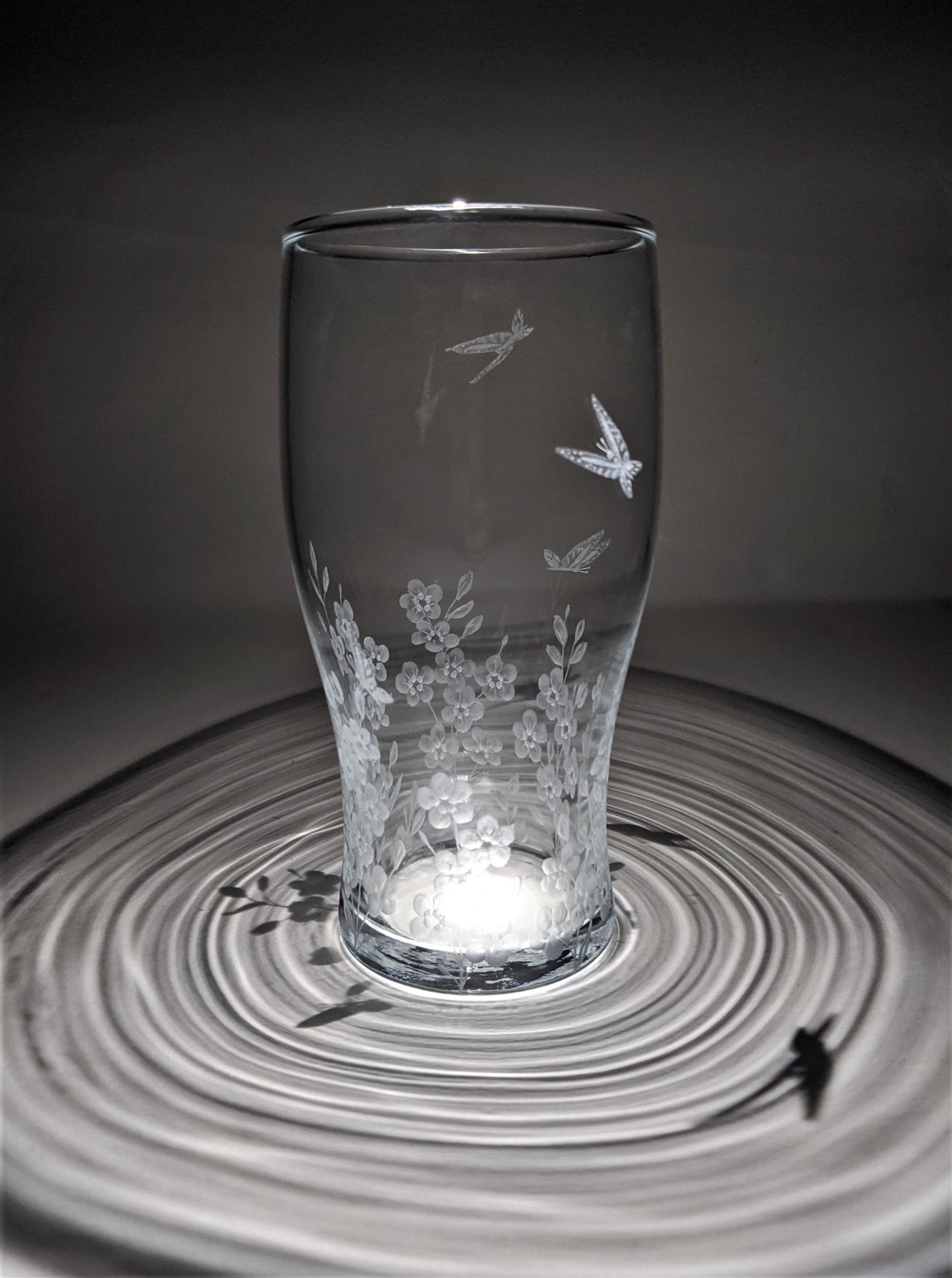 Hand Engraved Floral Beer Glass - Forget Me Not and Butterflies