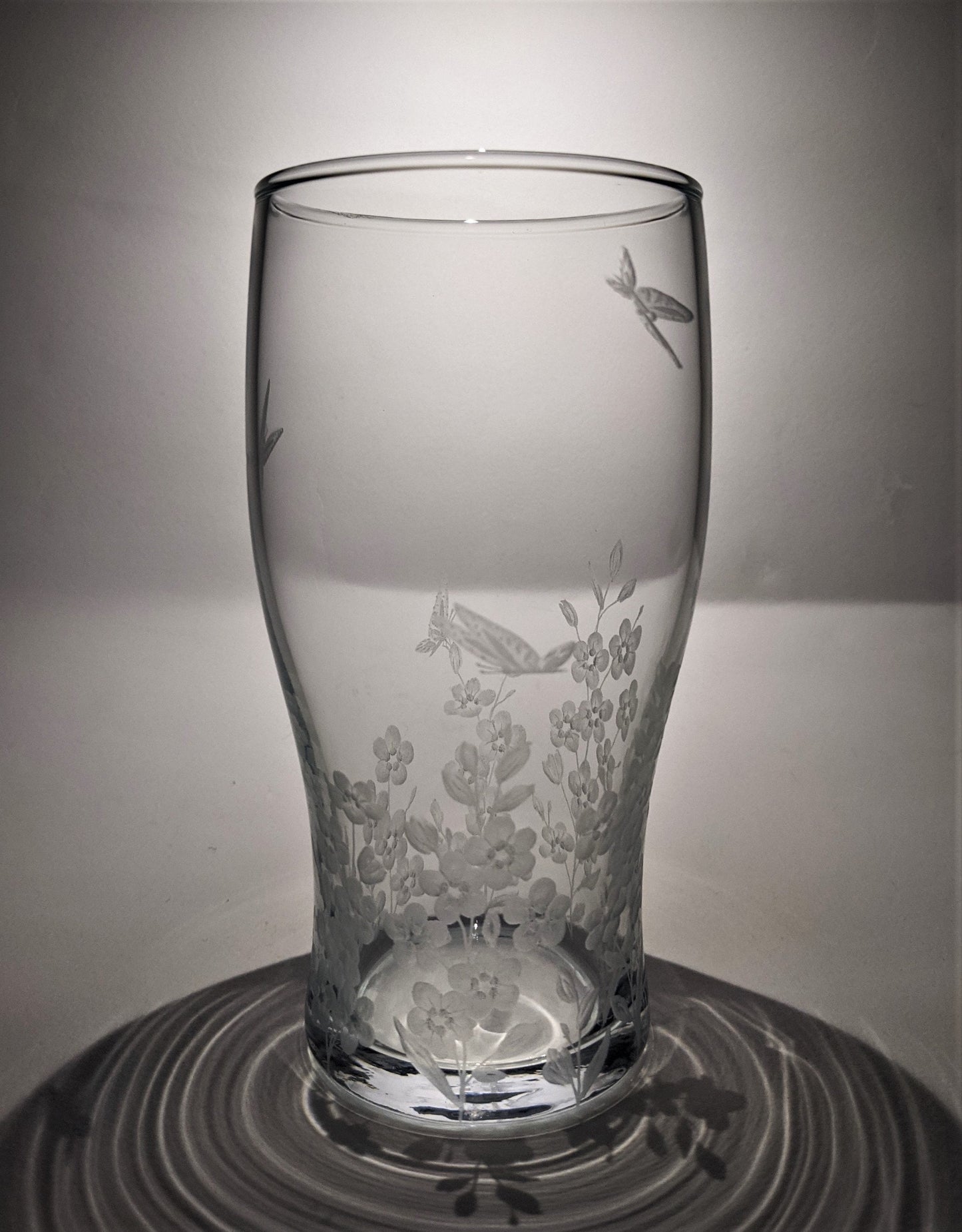 Hand Engraved Floral Beer Glass - Forget Me Not and Butterflies