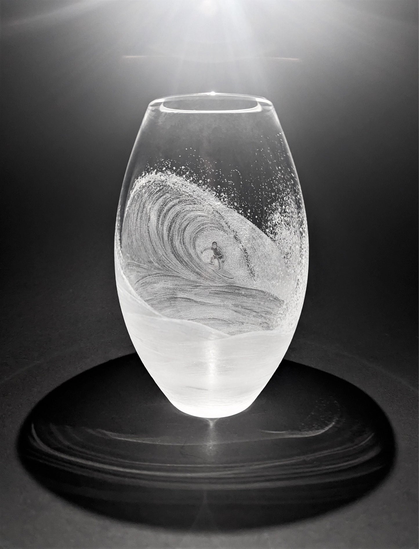 Hand Engraved Wave Vase - Unique Crystal Surfing Gift - Ocean Wave Surfer