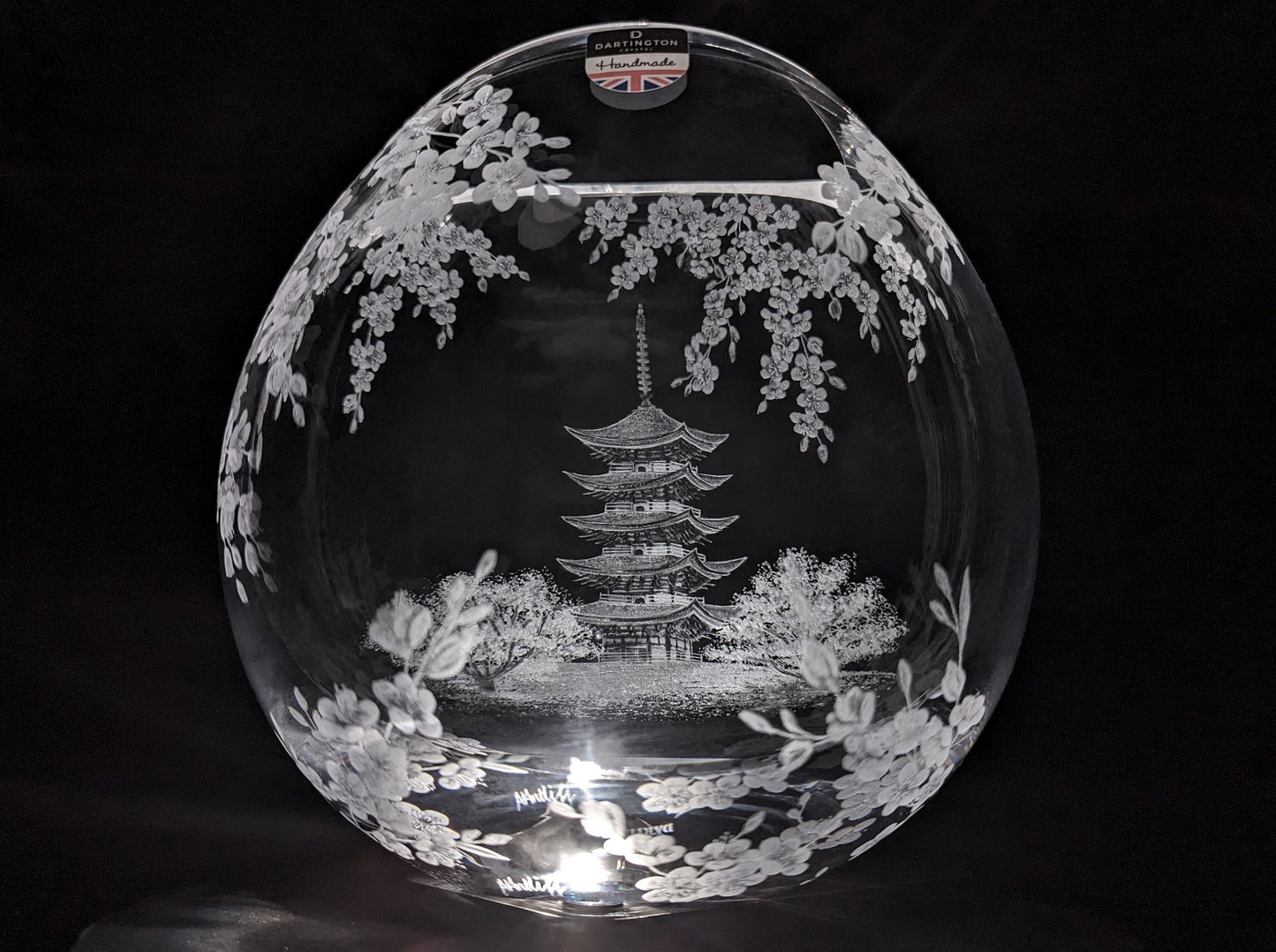 Japanese Temple Vase - Japanese Cherry Blossom Gift - Hand Engraved Crystal Vase