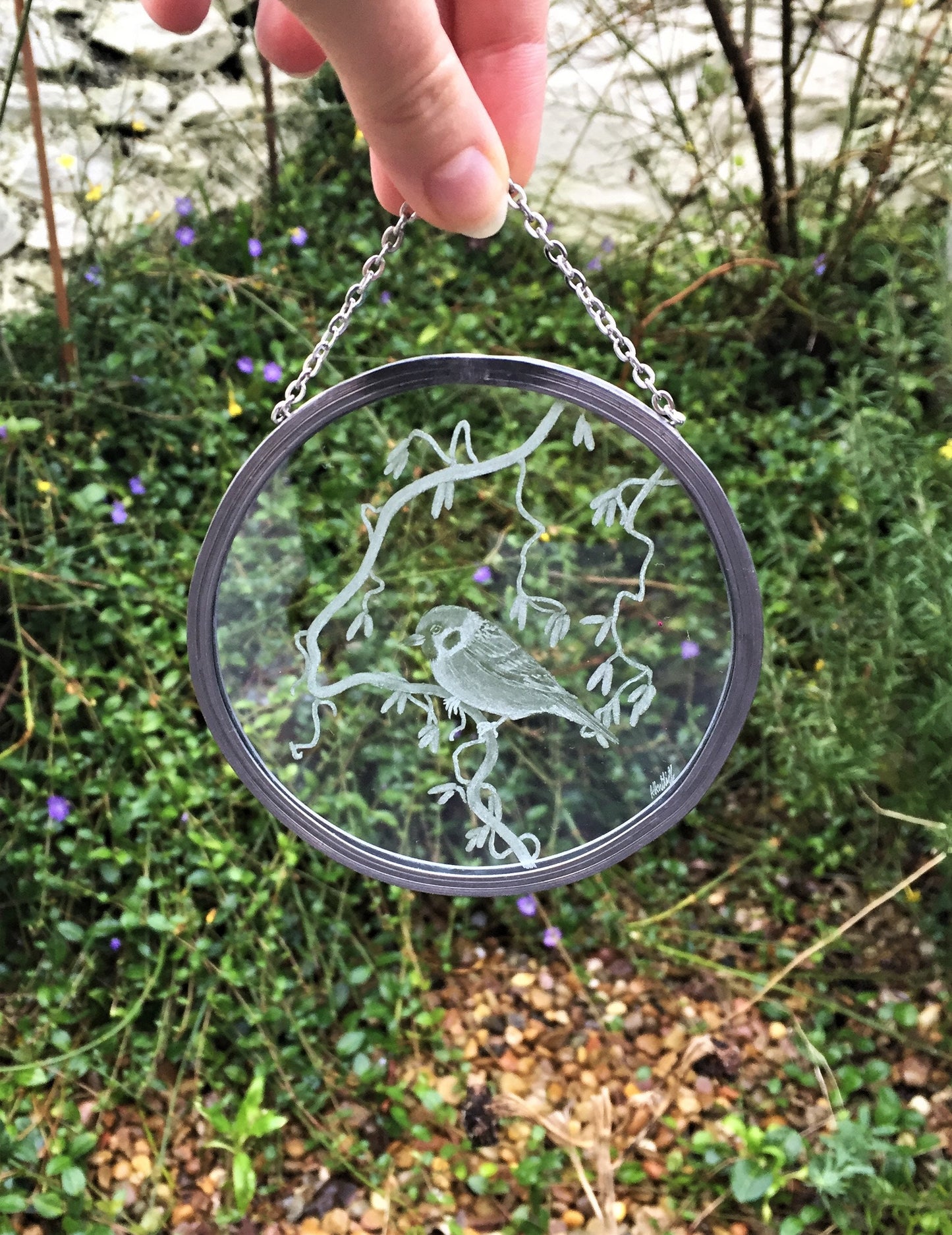 Hand Engraved Sparrow Garden Hanging Decoration - Bird Sun Catcher Gift