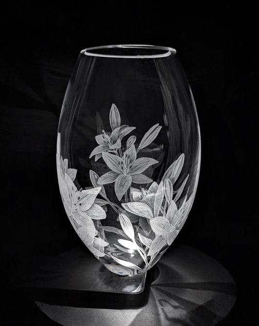 Floral Hand Engraved Crystal Vase - Beautiful Unique Lily Gift