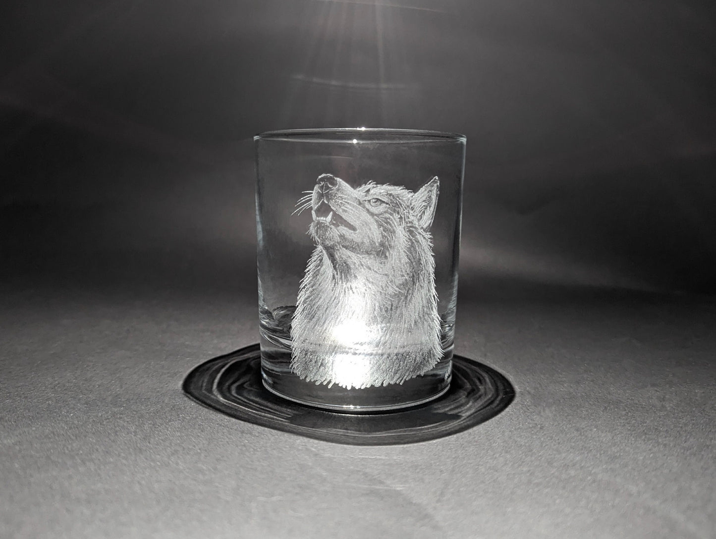 Hand Engraved Wolf Whisky Glass – Custom Wolf Glass Art Gift
