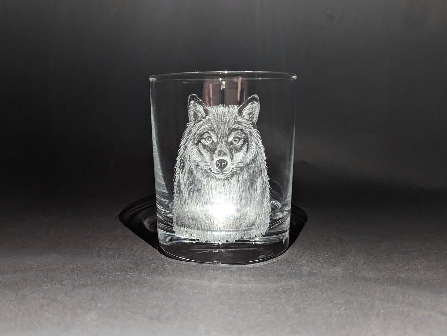Hand Engraved Wolf Whisky Glass – Custom Wolf Glass Art Gift