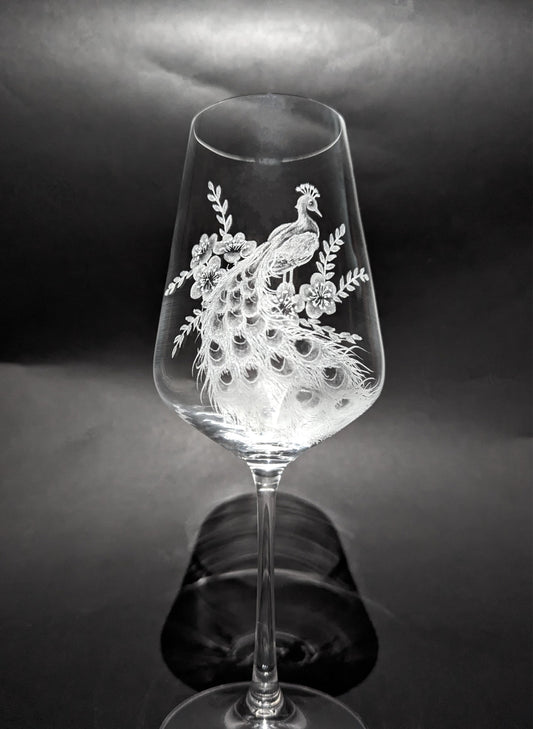 Hand Engraved Peacock Wine Glasses - Unique Peacock Gift