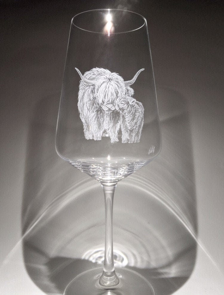 Hand Engraved Mum and Baby Cow Wine Glass – Highland Cow Gift