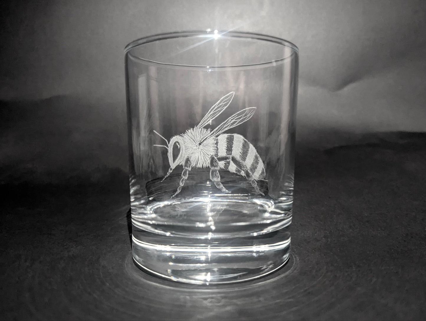 Hand Engraved Bee Whisky Glass - Honey Bee Glass Gift