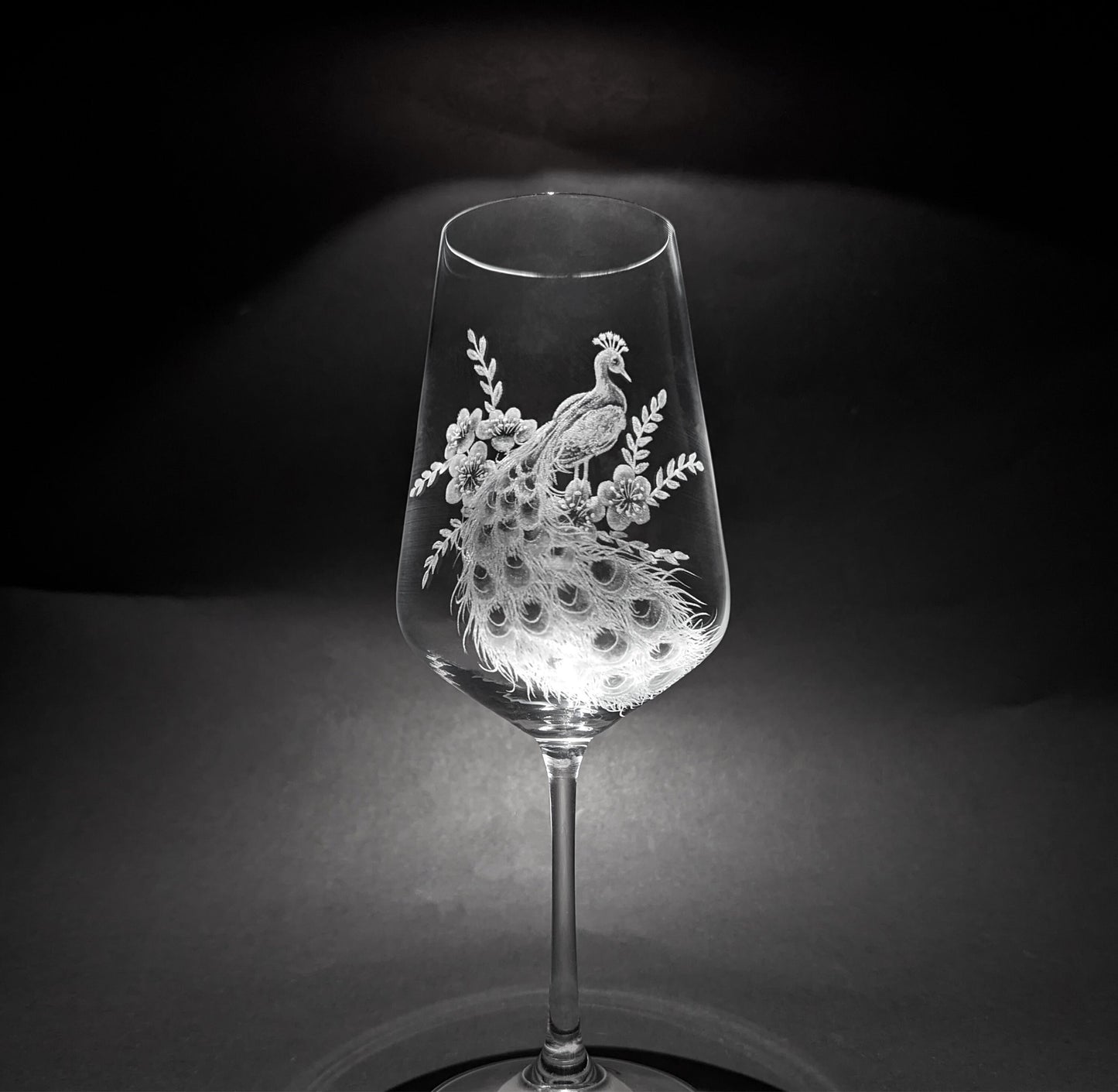 Hand Engraved Peacock Wine Glasses - Unique Peacock Gift