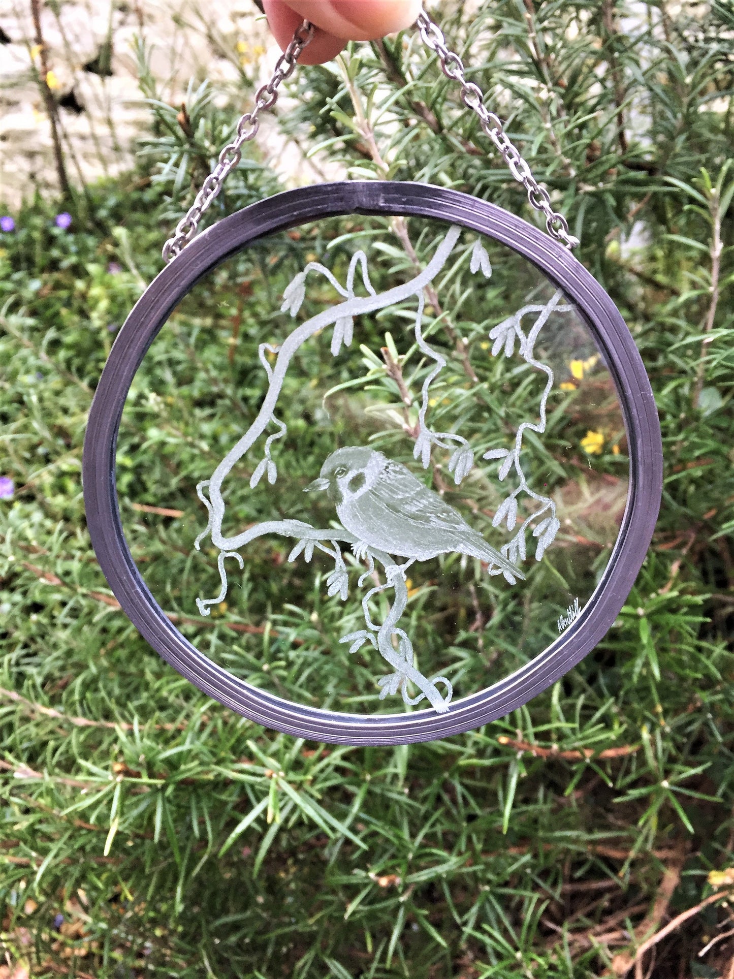 Hand Engraved Sparrow Garden Hanging Decoration - Bird Sun Catcher Gift