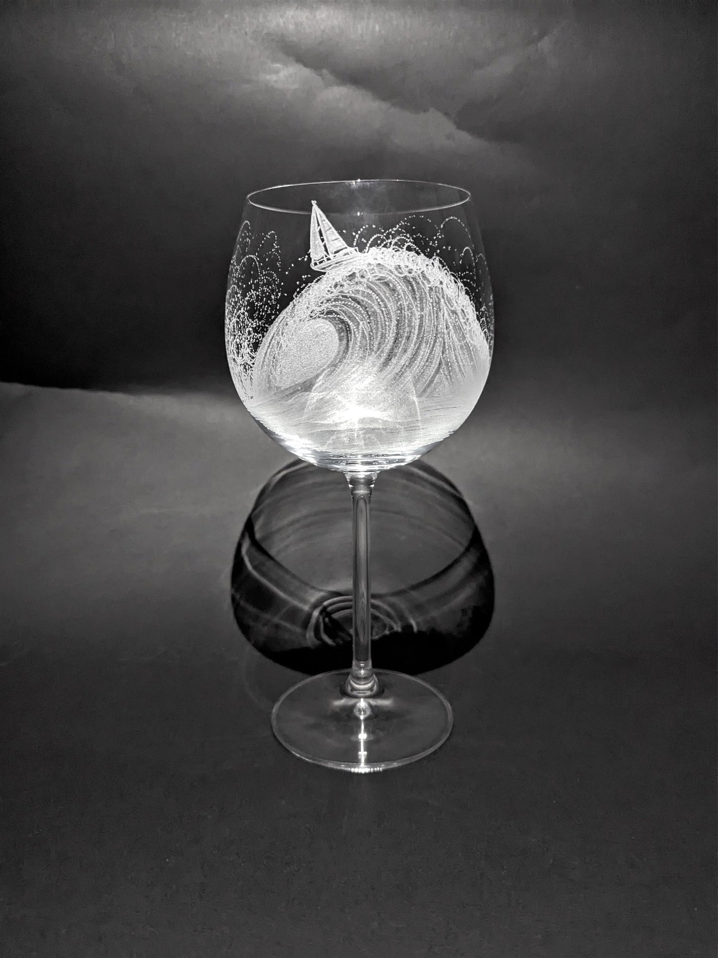 Hand Engraved Wave Gin Glasses - Sailing Boat on a Wave Gift