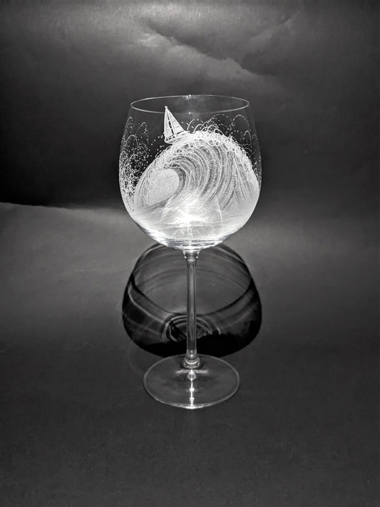 Hand Engraved Wave Gin Glasses - Sailing Boat on a Wave Gift