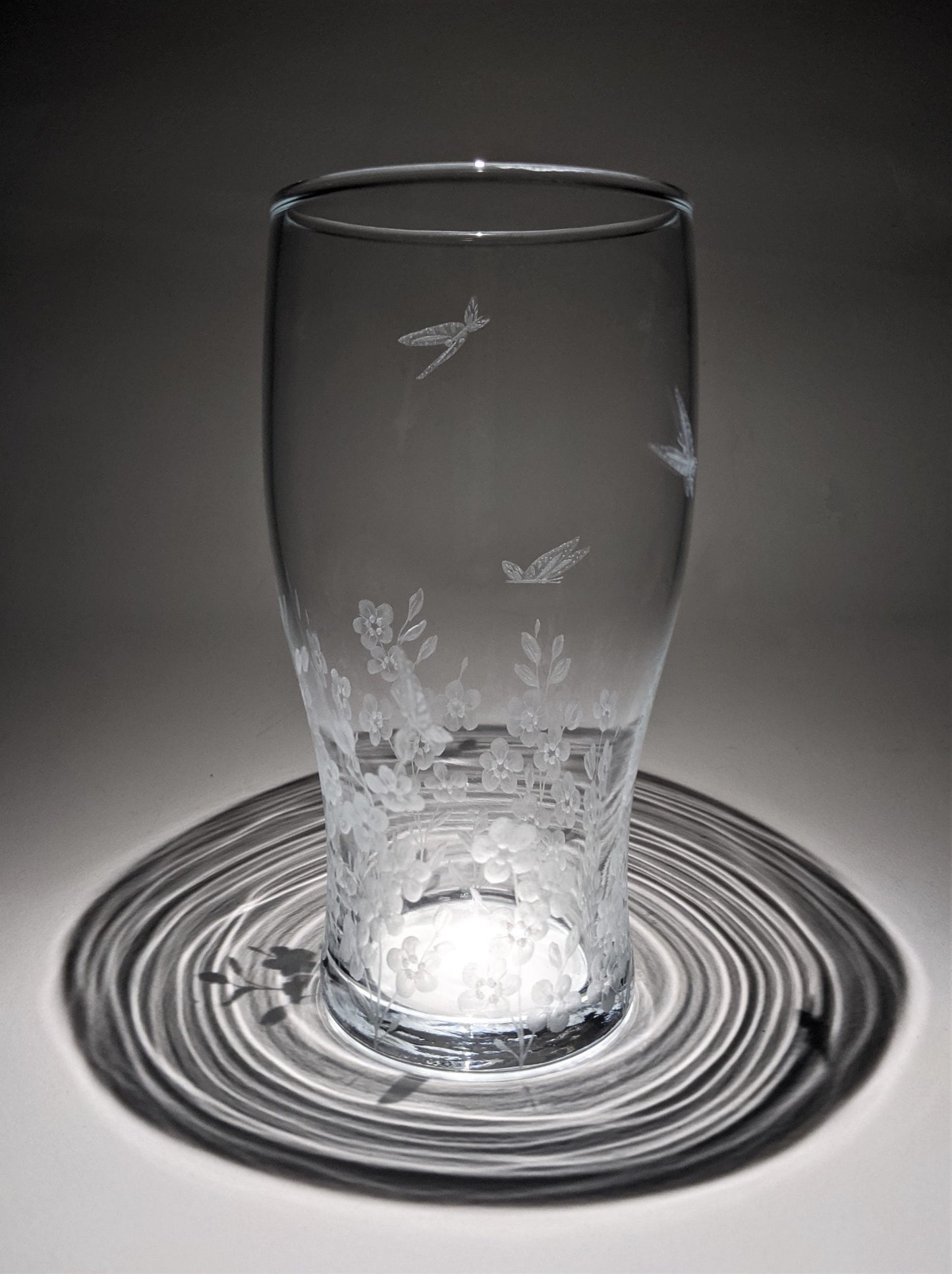 Hand Engraved Floral Beer Glass - Forget Me Not and Butterflies