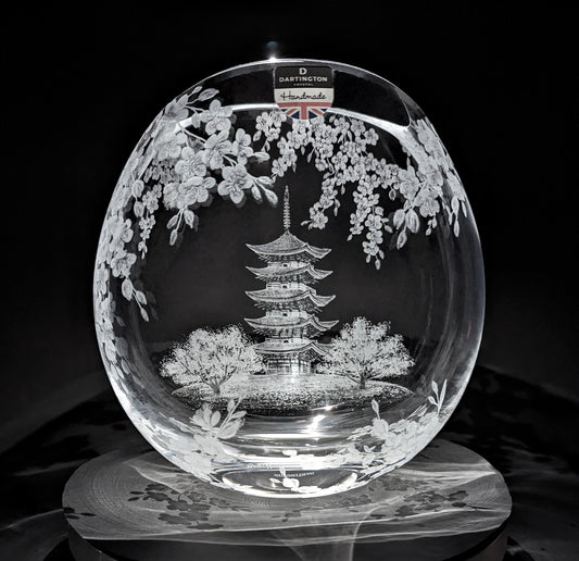 Japanese Temple Vase - Japanese Cherry Blossom Gift - Hand Engraved Crystal Vase
