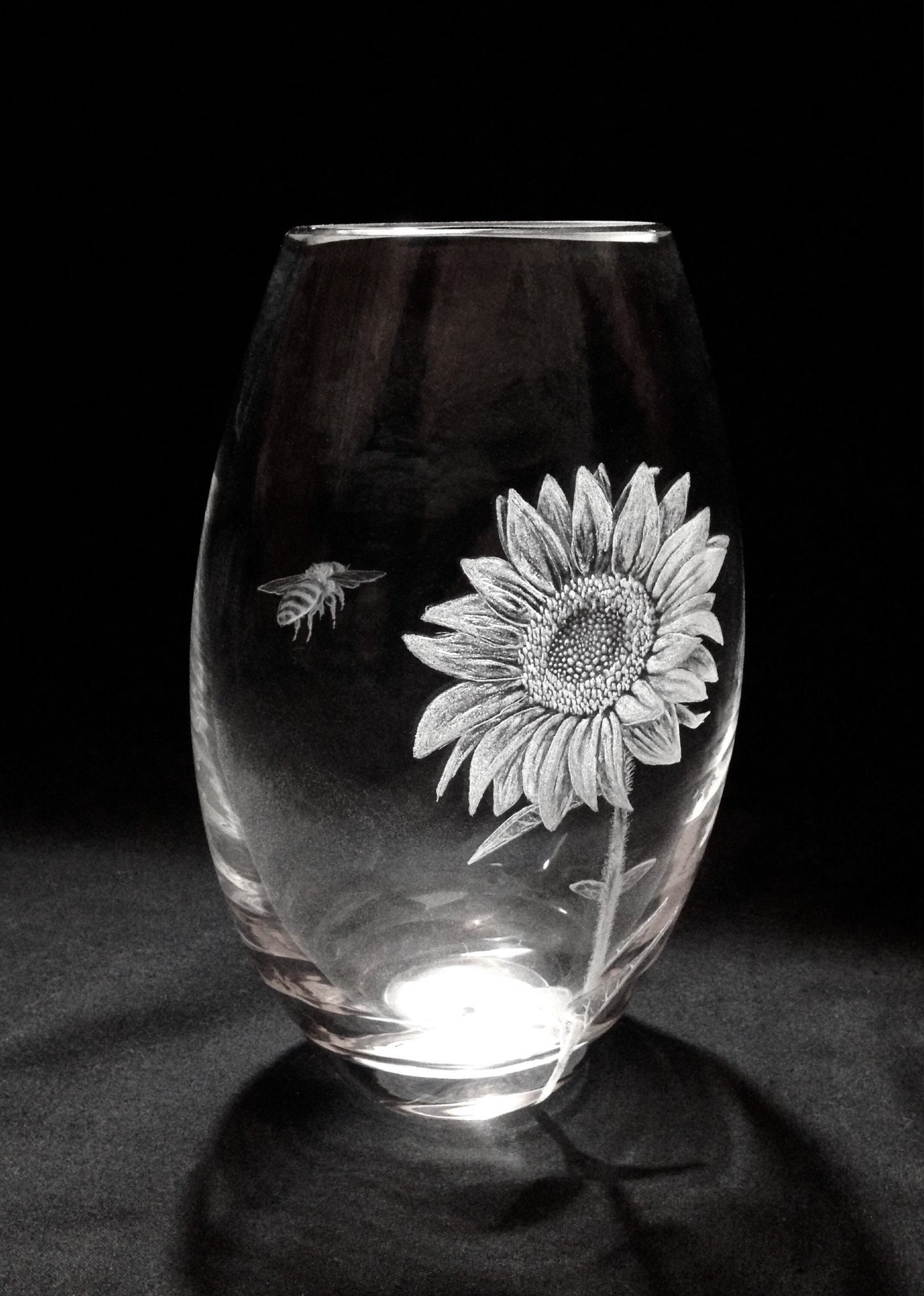 Hand Engraved Sunflower and Bee Vase - Unique Flower and Bee Gift