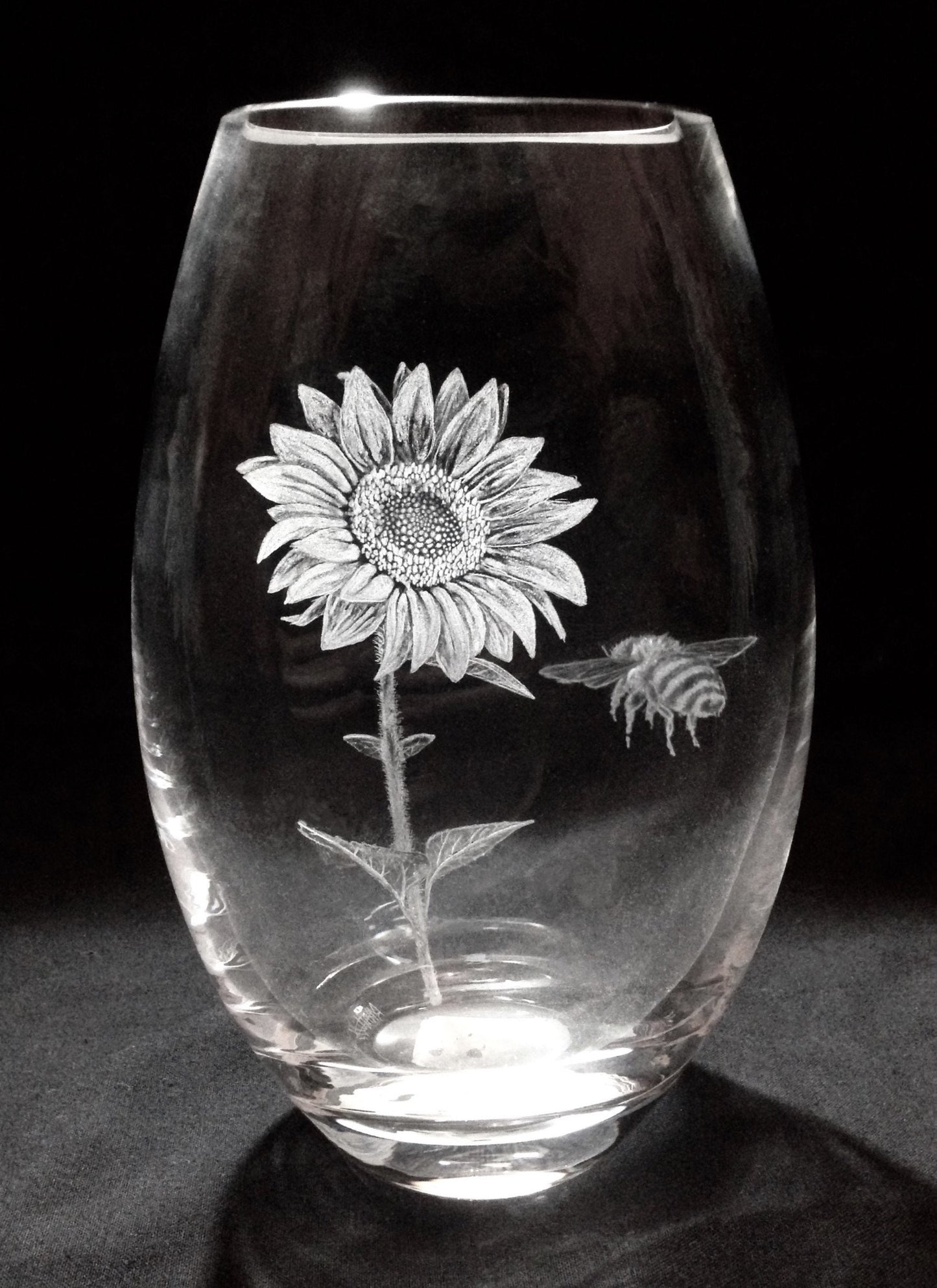 Hand Engraved Sunflower and Bee Vase - Unique Flower and Bee Gift