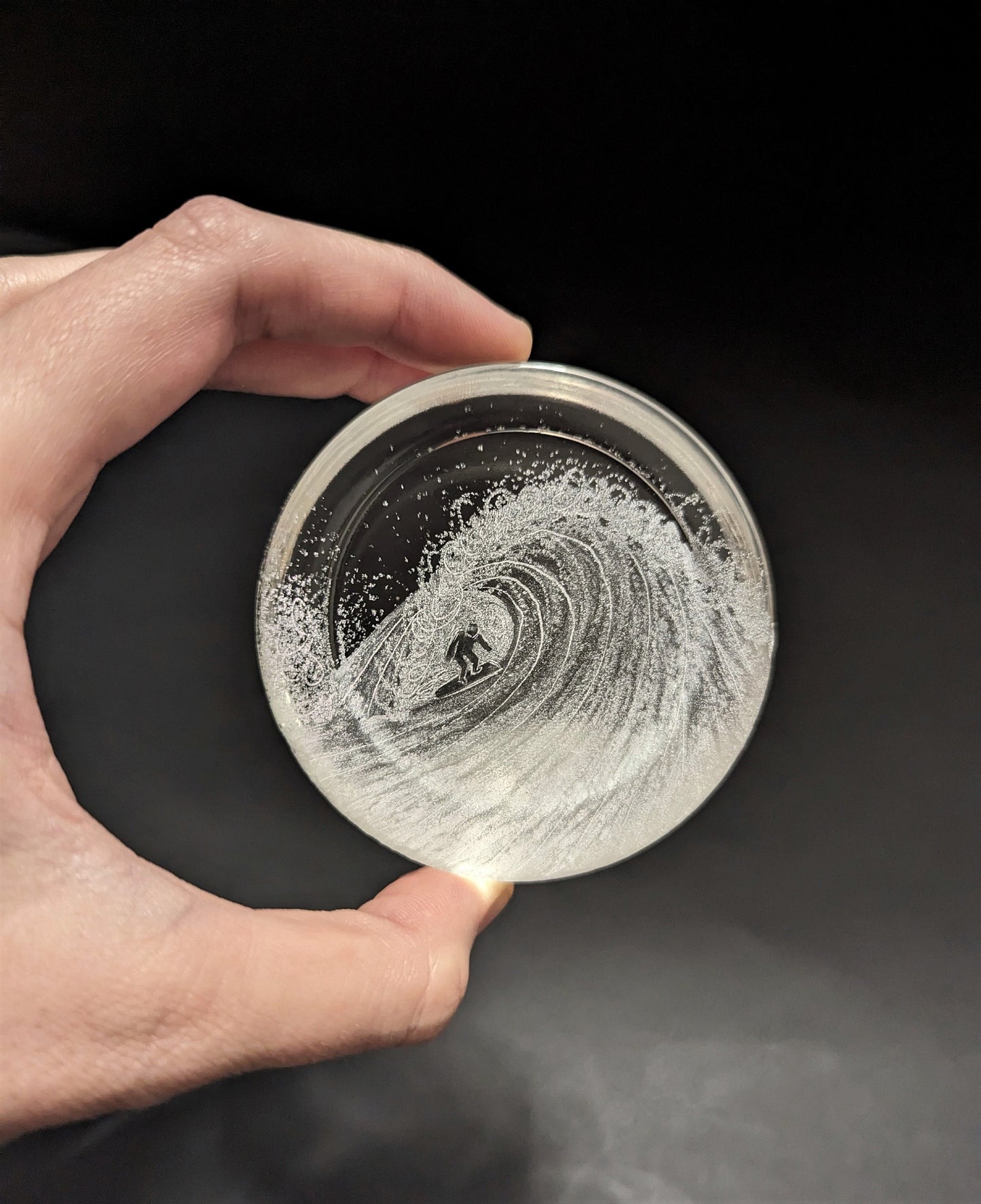 Hand Engraved Wave Paperweight - Surfing Glass Gift - Ocean Wave