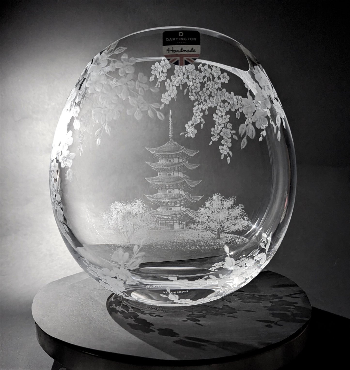Japanese Temple Vase - Japanese Cherry Blossom Gift - Hand Engraved Crystal Vase