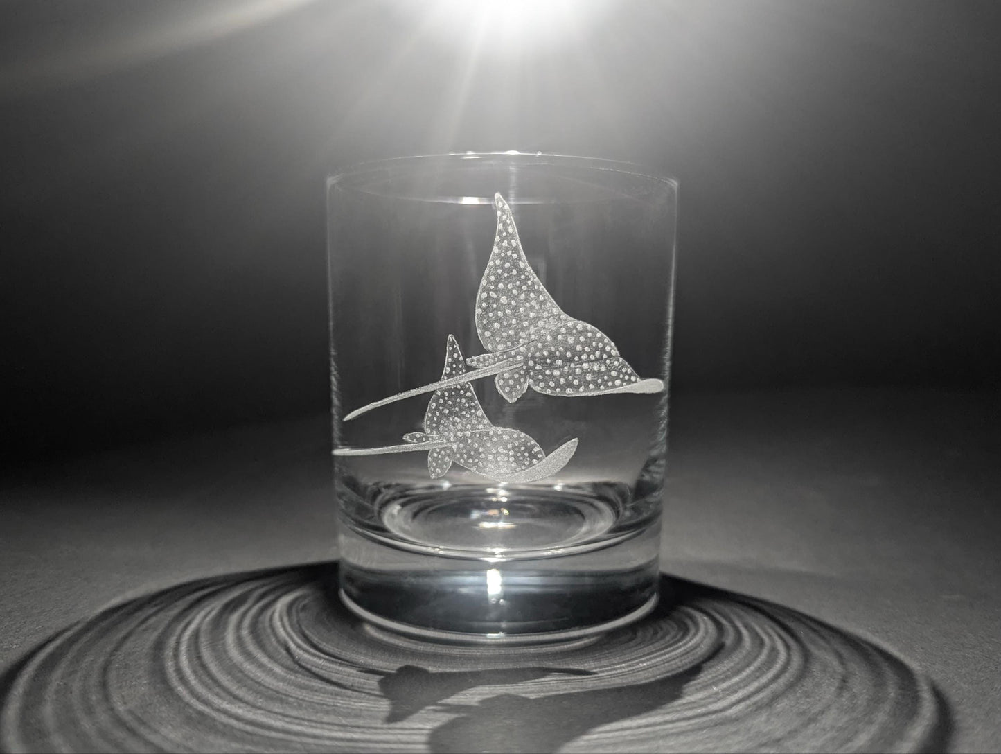 Hand Engraved Spotted Eagle Ray Whisky Glass – Unique Ocean Gift