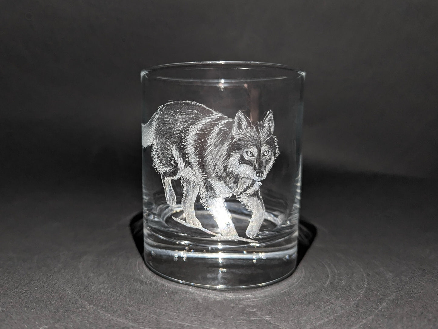 Hand Engraved Wolf Whisky Glass – Custom Wolf Glass Art Gift