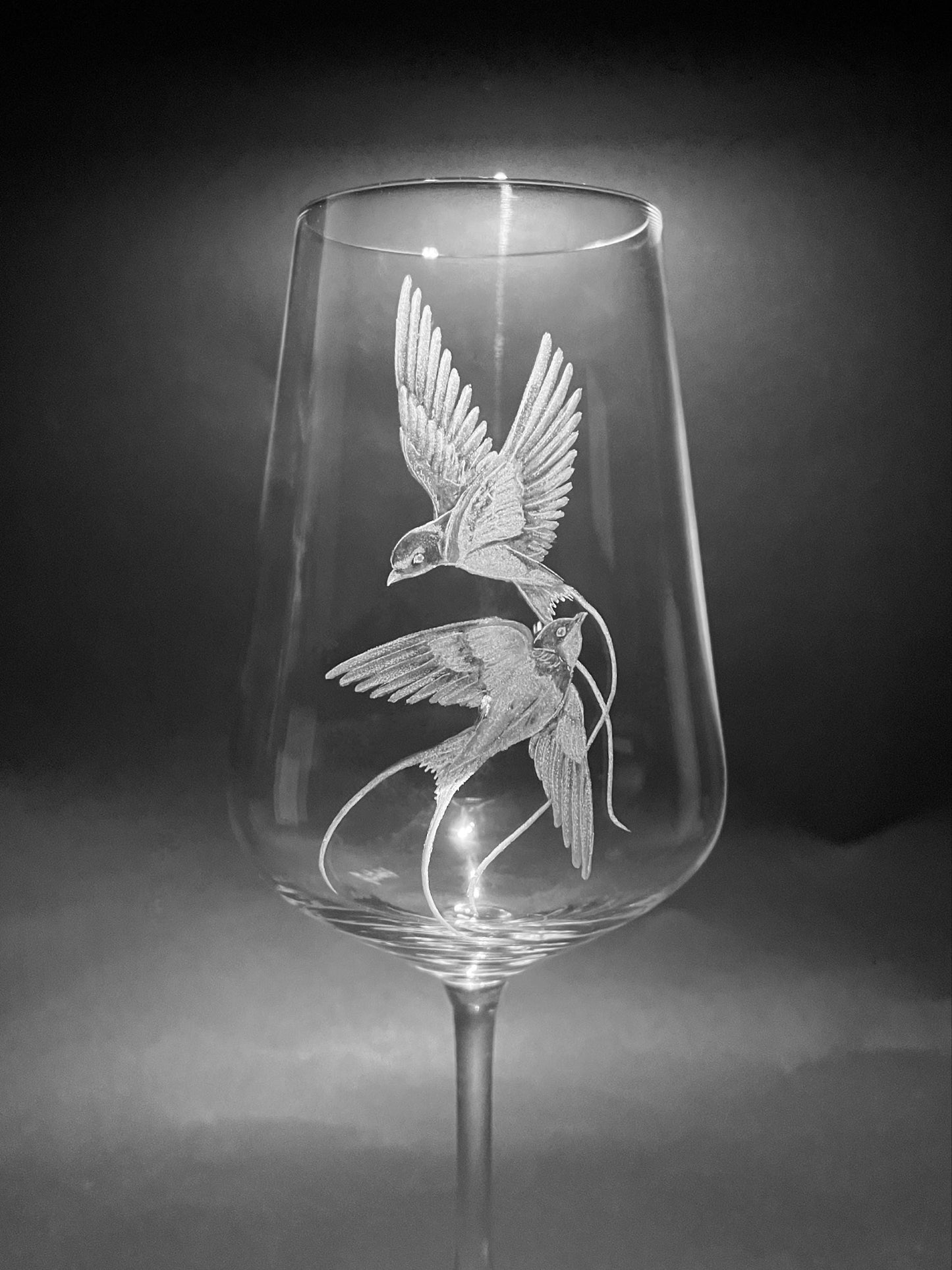 Hand Engraved Wine Glass - Flying Swallows Glass Gift