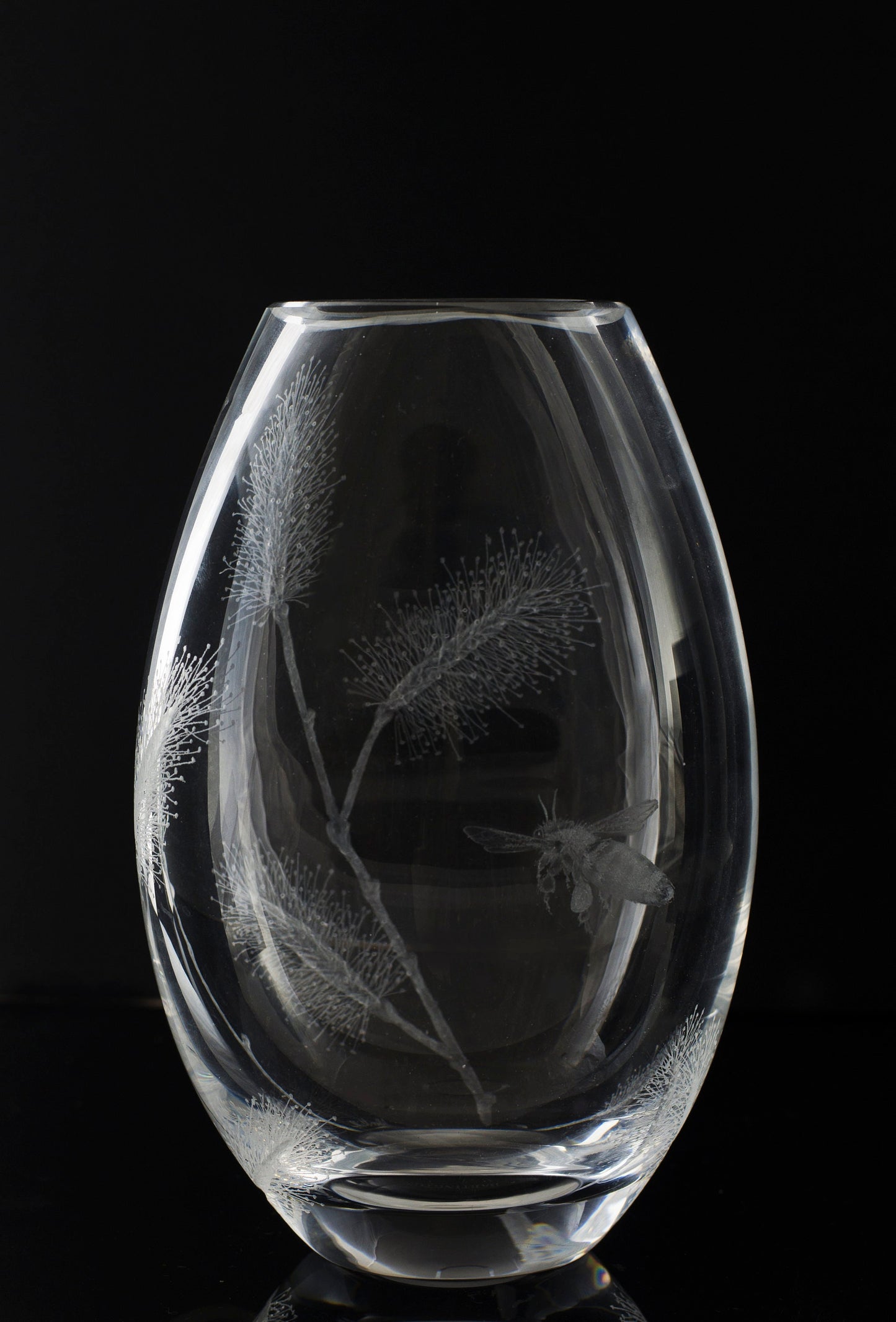 Hand-Engraved Crystal Vase – Unique Willow and Bee Gift