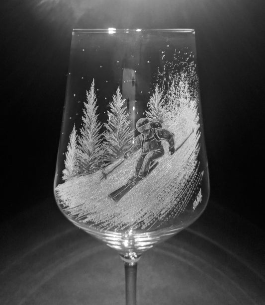 Customised Skiing Wine Glasses -Hand Engraved Unique Skier Gift