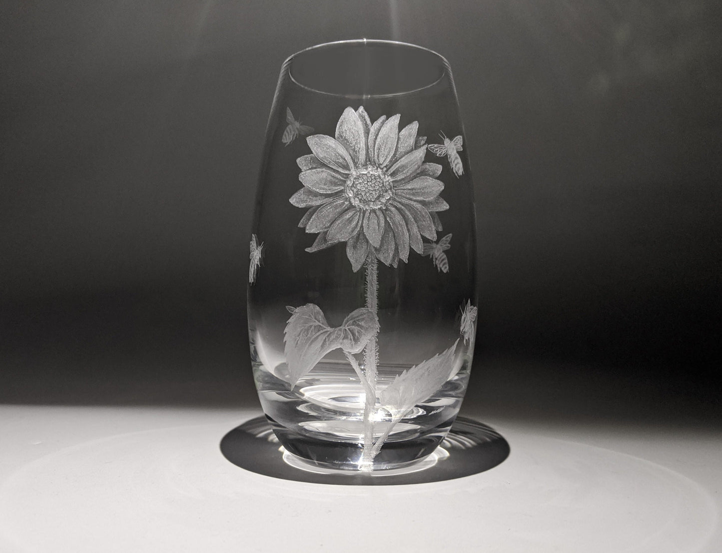 Small Hand Engraved Sunflower Vase - Flower and Bees Gift