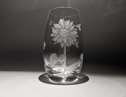 Small Hand Engraved Sunflower Vase - Flower and Bees Gift