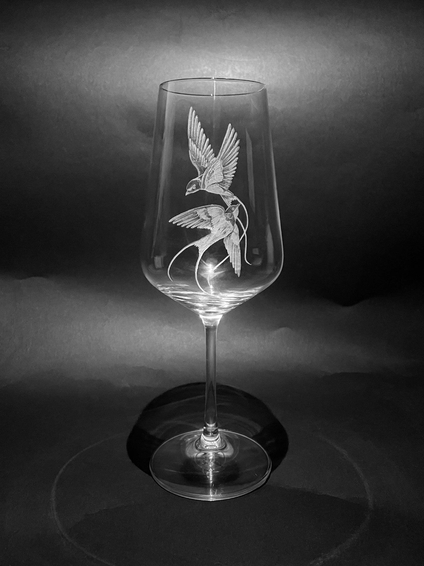 Hand Engraved Wine Glass - Flying Swallows Glass Gift