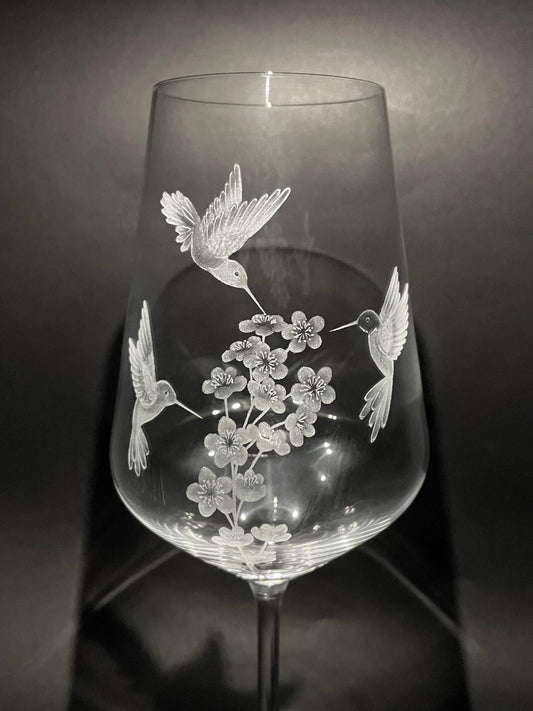 Hand Engraved Hummingbird & Cherry Blossom Wine Glass – Bird & Flower Gift