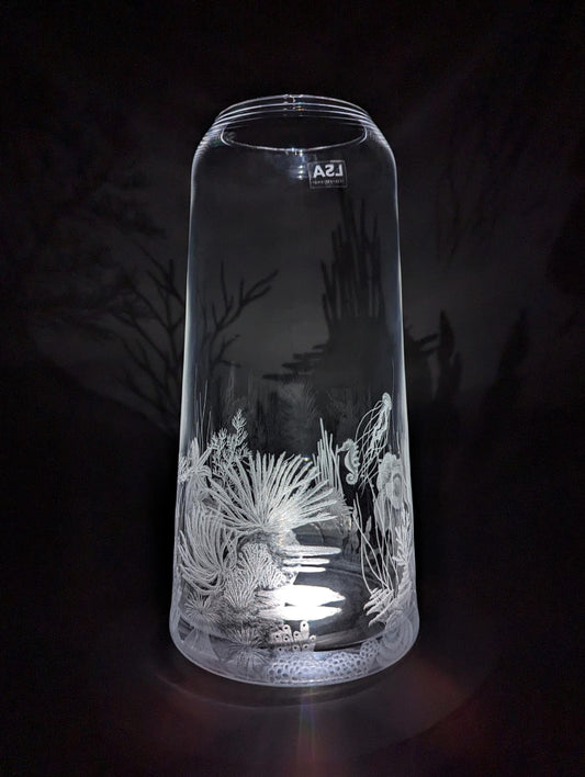 Hand Engraved Coral Vase - Unique Coral Reef LSA Vase - Beautiful Glass Art