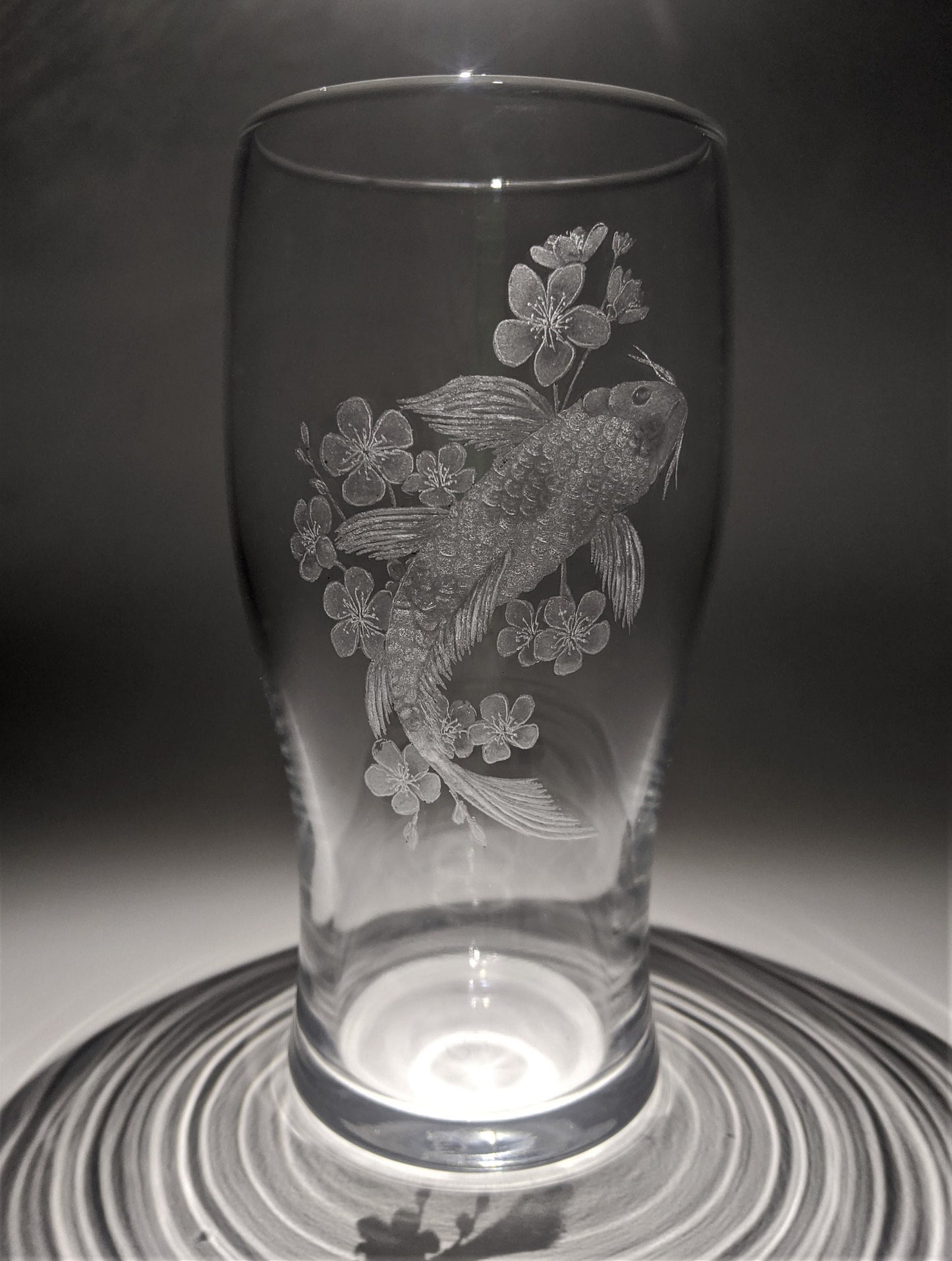 Hand Engraved Koi Fish Pint Glass – Cherry Blossom and Koi Fish Gift