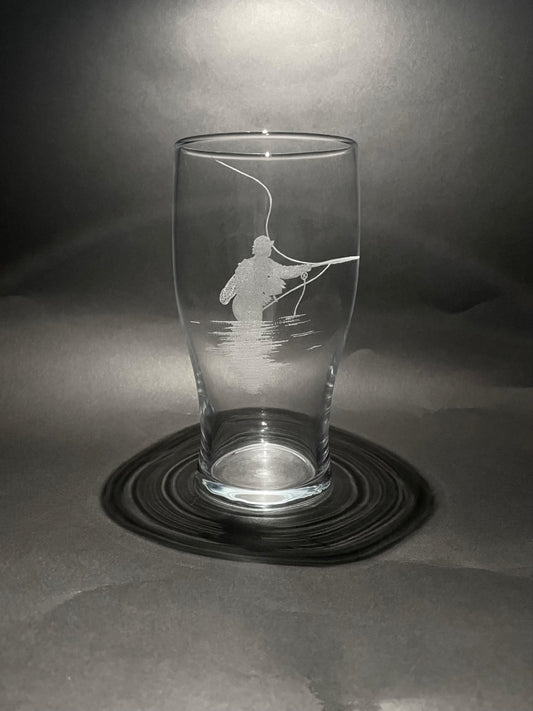 Hand Etched Fly Fishing Pint Glass - Fishing Beer Gift