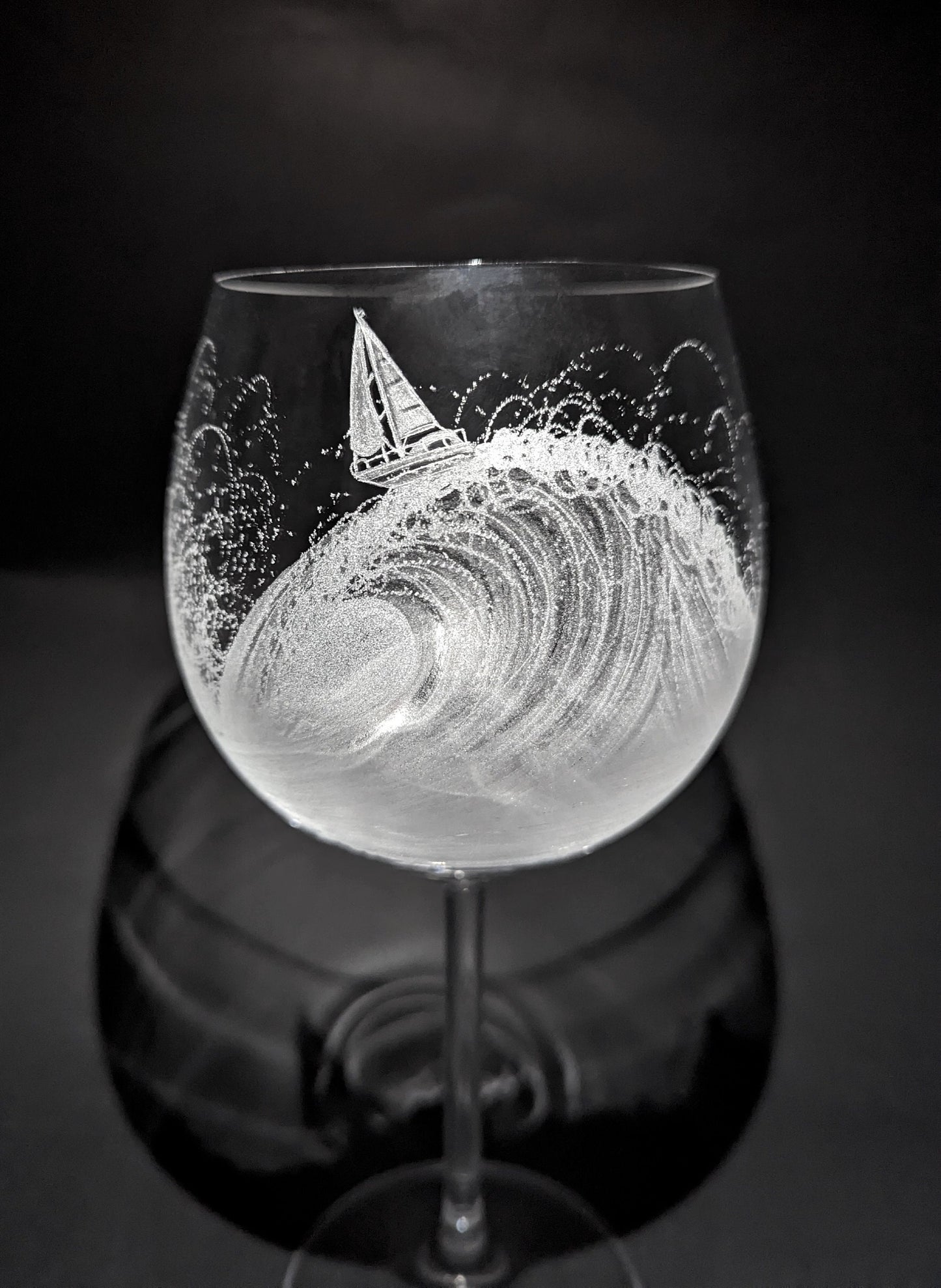 Hand Engraved Wave Gin Glasses - Sailing Boat on a Wave Gift