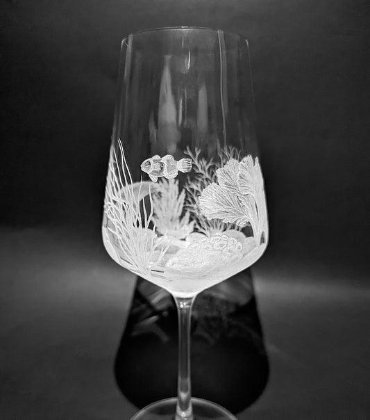 Hand Engraved Coral Reef Wine Glass - Wedding Anniversary Gift