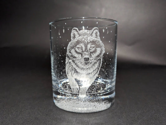 Hand Engraved Wolf Whisky Glass – Custom Wolf Glass Art Gift