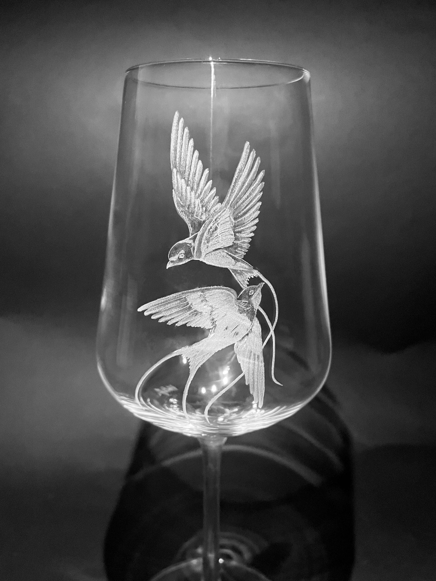 Hand Engraved Wine Glass - Flying Swallows Glass Gift